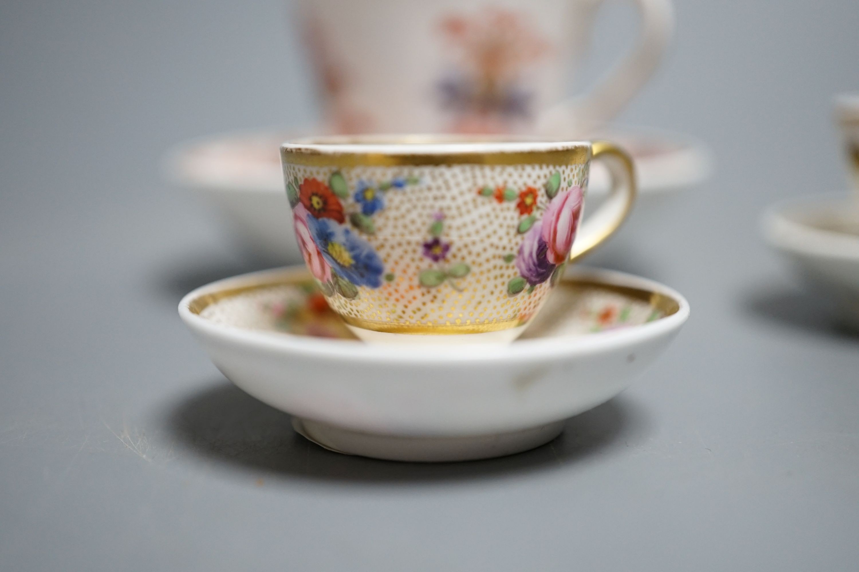 Three Spode miniature teacups and saucers, c.1815. Provenance - Mona Sattin collection of miniature cups and saucers, collection no.s 120, 121 & 130.